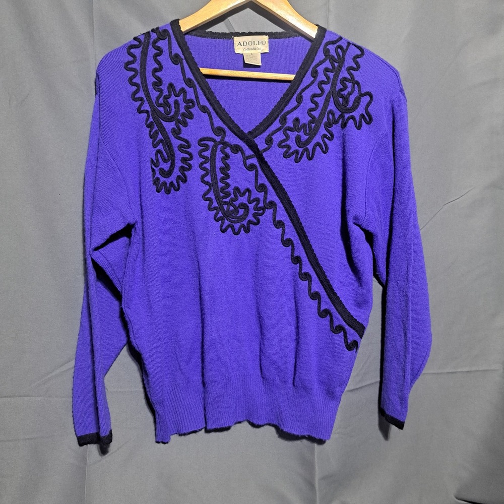 Adolfo Women's LARGE Blue Long Sleeve V Neck Sweater Embroidery Lambs Wool Blend